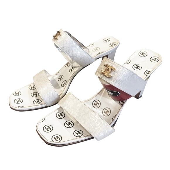 CHANEL Coco Mark CC Caviar Heeled Slip On Sandals Pearl White New w/ Defect 40 - Picture 3 of 8